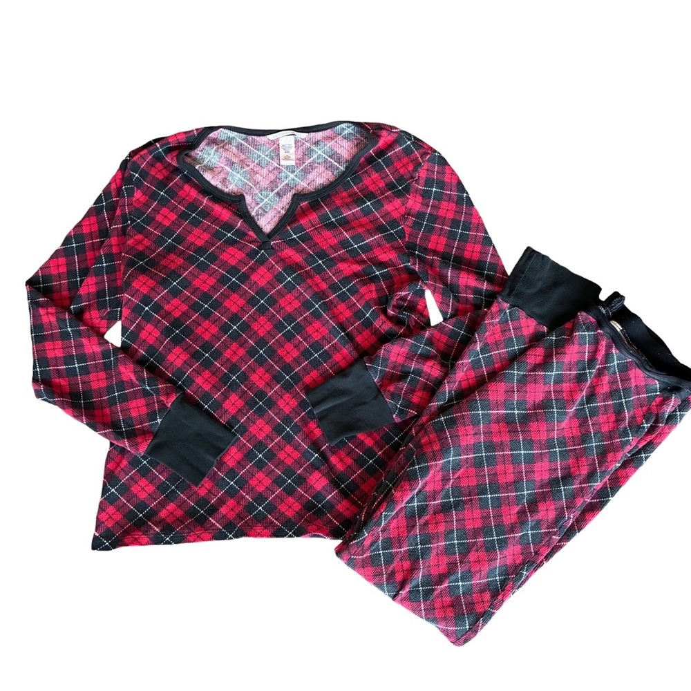 Victoria’s Secret Thermal PJ Set Women’s M Red Black Plaid Henley